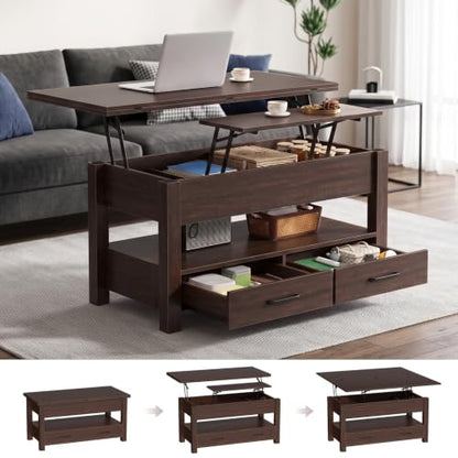 DUMOS 39.4-Inch Convertible Lift Top Coffee Table - Brown, 4-in-1 Multi-Functional Design