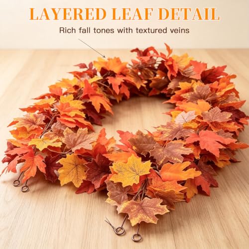 Artificial Maple Leaf Garland 2 Pack Fall Decor 5.9Ft Orange Autumn Thanksgiving