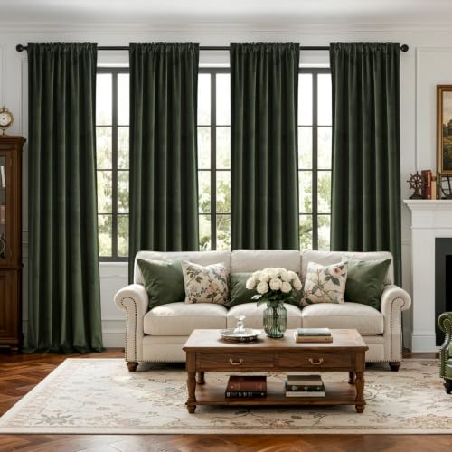 Olive Green Velvet Curtains Set of 4 - 40x84 Inch Back Tab Panel