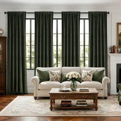 Olive Green Velvet Curtains Set of 4 - 40x84 Inch Back Tab Panel