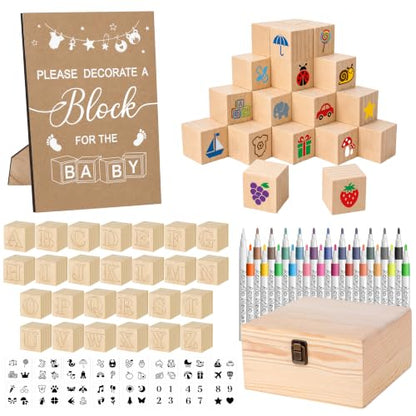 Baby Shower Decor Blocks Set with 50 Wooden Blocks & Markers - Classic