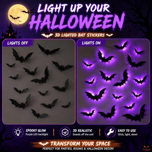 38 Pcs Halloween 3D Bat Wall Decor Set with LED Lights for Indoor Outdoor