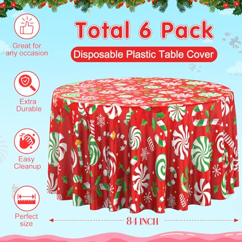 6Pcs Christmas Candy Cane Tablecloth Set - Red Green 84 Inch Round Holiday Decor