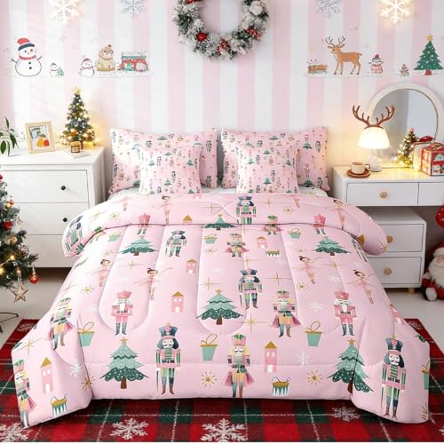 Pink Christmas Comforter Set Queen Size Kids Holiday Bed in a Bag with Variation Green Pink