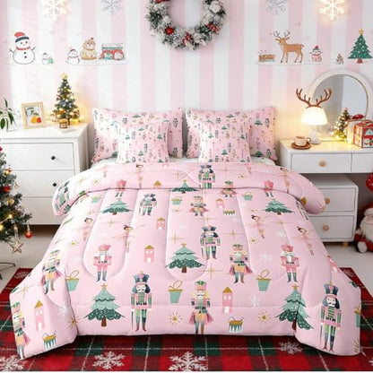 Pink Christmas Comforter Set Queen Size Kids Holiday Bed in a Bag with Variation Green Pink