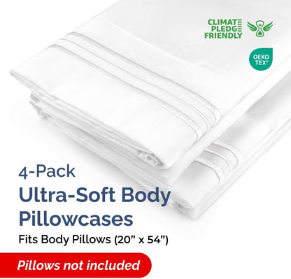 Skiennix Body Pillowcases Set of 4 | Soft 20x54 Long Pillow Covers for Comfortable Sleep - Machine Washable, Fade Resistant - White