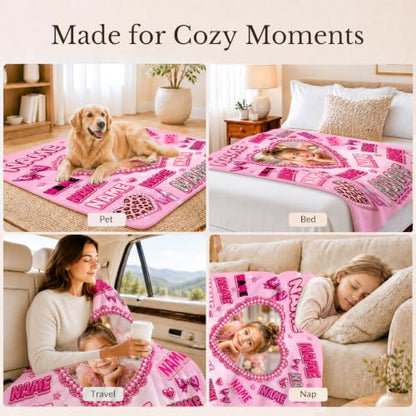 Personalized Pink Girl Photo Blanket - Custom Kids Throw with Text & Image