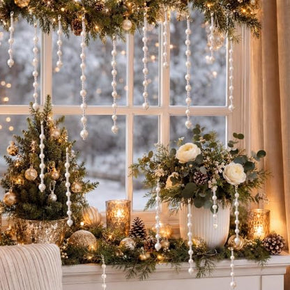 Pearl Christmas Tree Ornaments Set - 100 White Beads with Clear String