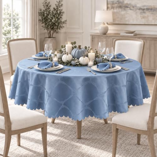 Round Blue Holiday Ribbons and Bows Tablecloth 70 Inch - Damask Fabric