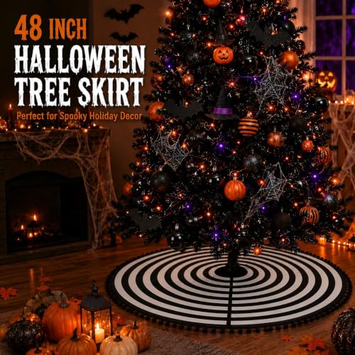 Black and White Christmas Tree Skirt 48 Inch with Pom Poms - Variation of Black and White / 48 Inches