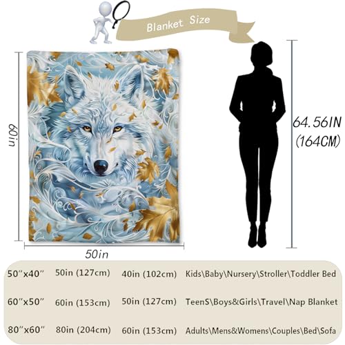 Lightweight Wolf & Maple Leaf Blanket 80x60 Inch Cozy Flannel Throw - Wolf01