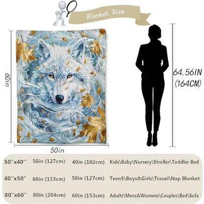 Lightweight Wolf & Maple Leaf Blanket 80x60 Inch Cozy Flannel Throw - Wolf01