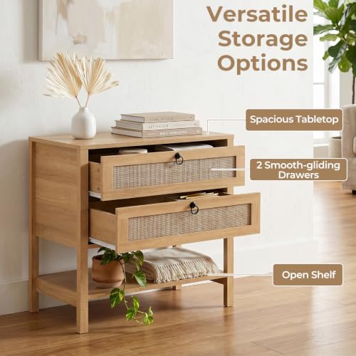 KOMFOTT Rattan Nightstand Set of 2 – Natural 27" x 16" x 25.5" with 2 Drawers