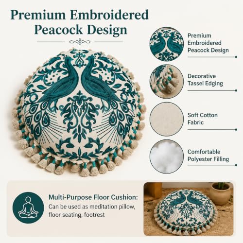 Boho Embroidered Floor Cushion with Tassels 20x20 Inch Meditation Seat
