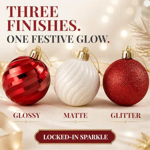 42 Pack Shatterproof Christmas Ornaments - Red & White Holiday Tree Decorations