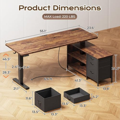 Standing Desk with Outlets, Cabinet & Shelves - Rustic Brown, 55.1 Inches