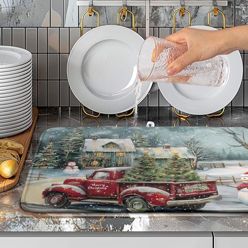 Christmas Red Truck Snowman Dish Drying Mat 18x24 Inch Kitchen Counter Accessory