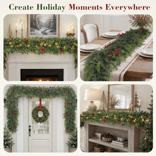 6FT Prelit Lush Cedar Artificial Christmas Garland Real Touch Faux Greenery