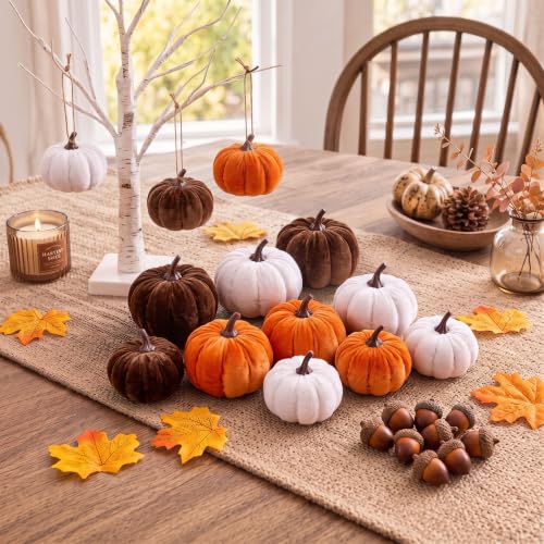 27-Piece Fall Decor Set with Velvet Pumpkins, Maple Leaves & Acorns