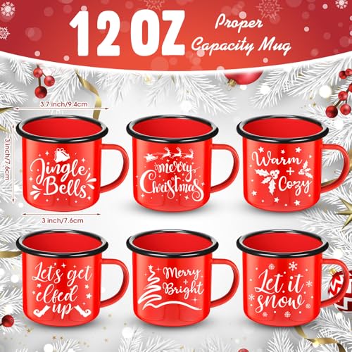 Christmas Enamel Coffee Mug Set of 6 - Let It Snow Red Holiday Cups