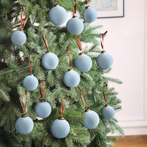 Gray Blue Velvet Christmas Tree Ornaments - 18 Pack Flocked Holiday Balls with Hanging Ropes