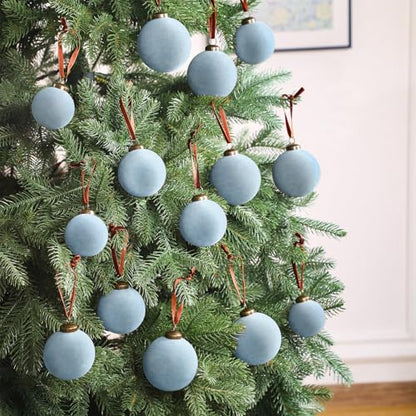 Gray Blue Velvet Christmas Tree Ornaments - 18 Pack Flocked Holiday Balls with Hanging Ropes
