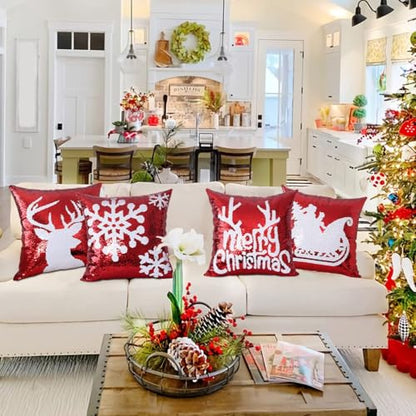 Bling Christmas Sequin Pillow Covers 18x18 Inches Set of 4 - Reversible Holiday Cushion Cases - Red Snowflake Design
