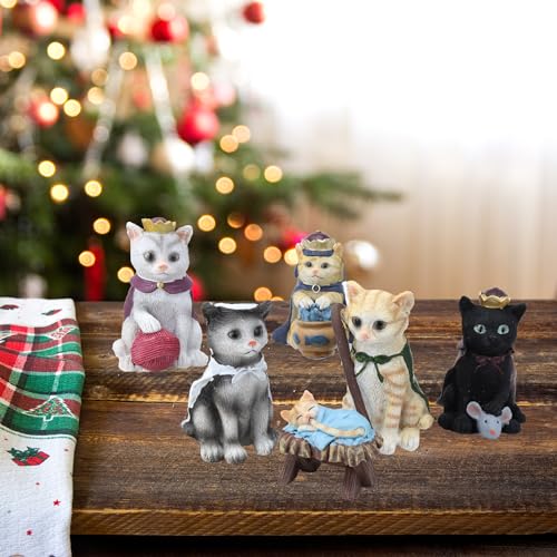 Cat Nativity Set - Festive Kitten Figurines for Christmas Centerpiece, 6 Pieces Up to 3.75 Inches