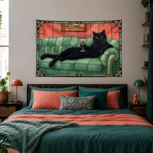 Black Cat Wall Tapestry - Green Couch & Wine Glass, 60x40 Inches - Variation of Black Cat Green Couch #TA005
