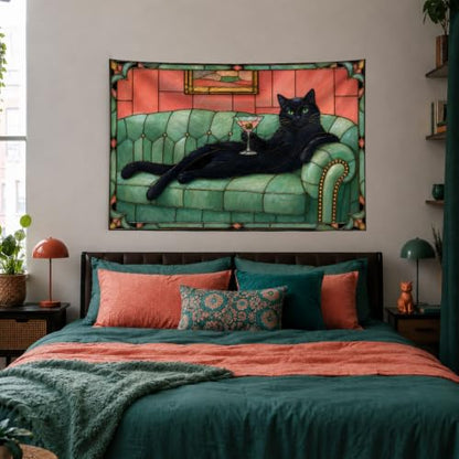 Black Cat Wall Tapestry - Green Couch & Wine Glass, 60x40 Inches - Variation of Black Cat Green Couch #TA005