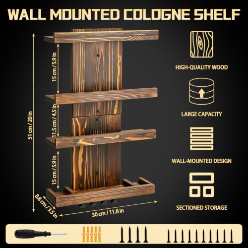 Wall-Mounted Cologne Organizer for Men, 4-Tier Wooden Perfume Shelf