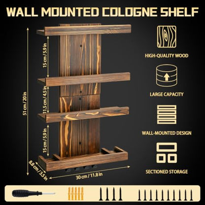 Wall-Mounted Cologne Organizer for Men, 4-Tier Wooden Perfume Shelf