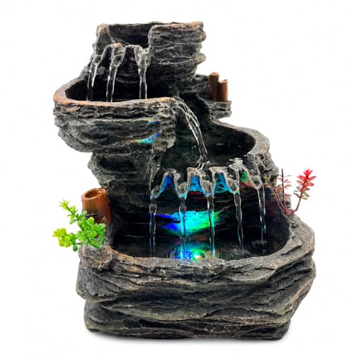 Indoor Tabletop Water Fountain with LED Light - 9.25 Inch Cascading Rock - Feng Shui Zen Decor