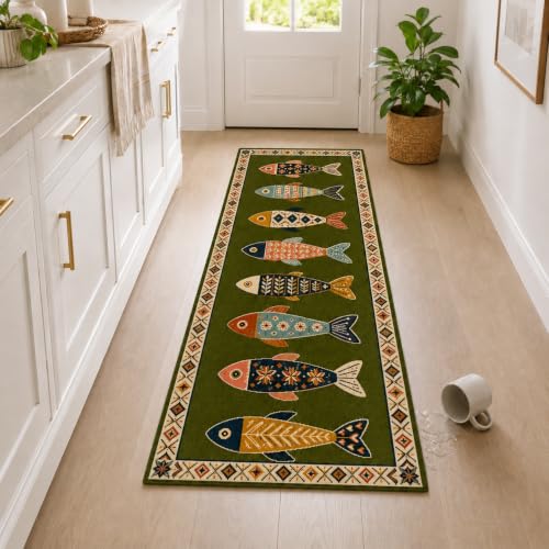 Fish Runner Rug 2x4ft - Washable Non-Slip Hallway Rug in Olive - Fish-Inspired Art