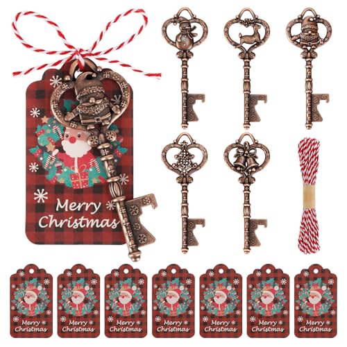 Christmas Bottle Opener Keychain Set with Santa Snowman Tree Bell Reindeer and Cards