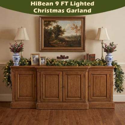 HiBean 9 FT Prelit Christmas Garland - Class Green with Warm Lights & Timer