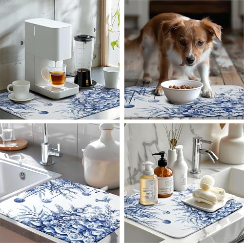 Christmas Tree Dish Drying Mat for Kitchen Counter 18x24 Inch Blue White Chinoiserie - Winter Holiday Absorbent Microfiber Reusable Drainer Pad