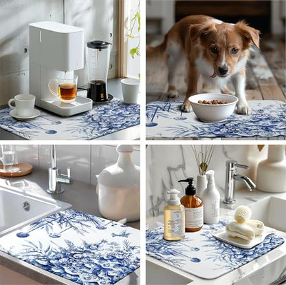 Christmas Tree Dish Drying Mat for Kitchen Counter 18x24 Inch Blue White Chinoiserie - Winter Holiday Absorbent Microfiber Reusable Drainer Pad