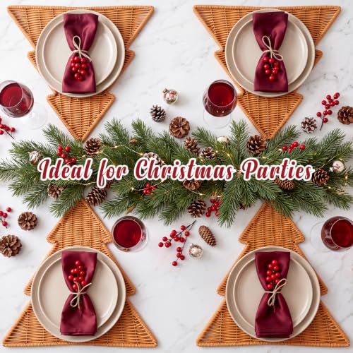 Brown Christmas Tree Placemats Set of 4 - Rattan Woven Holiday Table Decor
