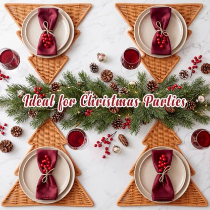 Brown Christmas Tree Placemats Set of 4 - Rattan Woven Holiday Table Decor