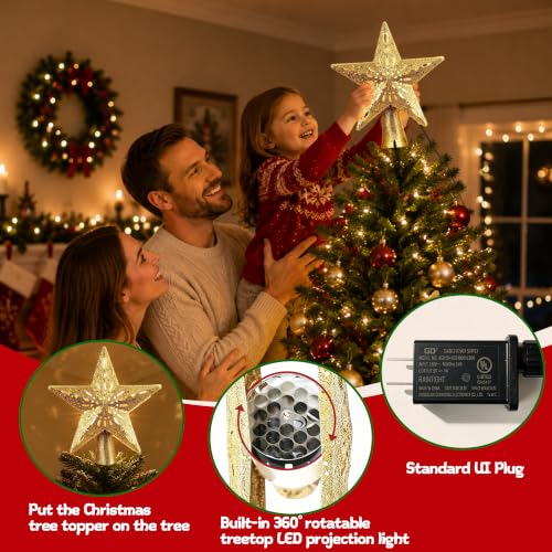 Gold Christmas Star Tree Topper with LED Projector, 6 Projection Modes
