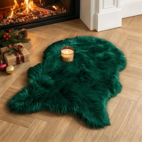Dark Green Faux Fur Sheepskin Rug 2x3 ft - Plush Fluffy Area Rug for Home Decor