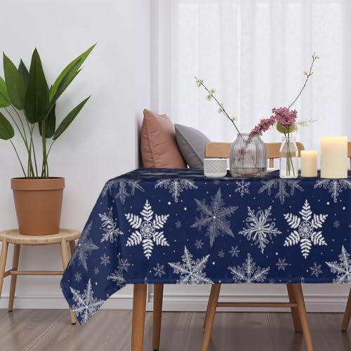 Blue Snowflake Tablecloth - Rectangular 60x84 Inches Holiday Fabric - Variation of Blue Snowflake / 84" x 60"