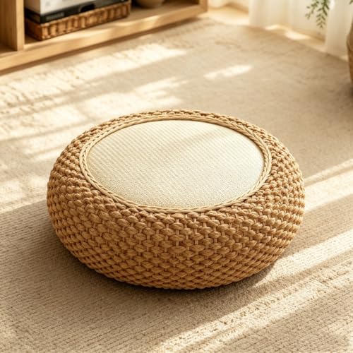 Natural Woven Straw Floor Pillow - 16-Inch Diameter, Rustic Seat Cushion - Seeliy Home