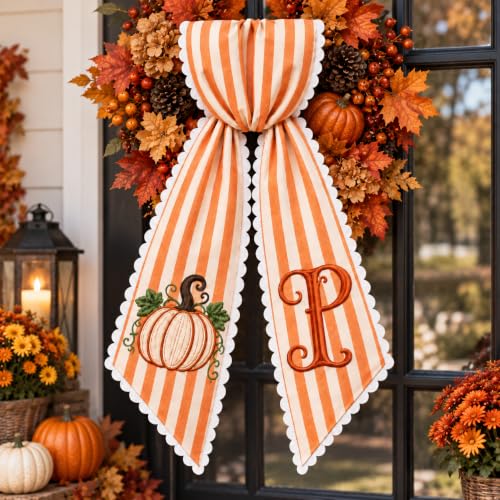Personalized Fall Wreath Sash with Pumpkin & Monogram New2 - Autumn Front Door Decor