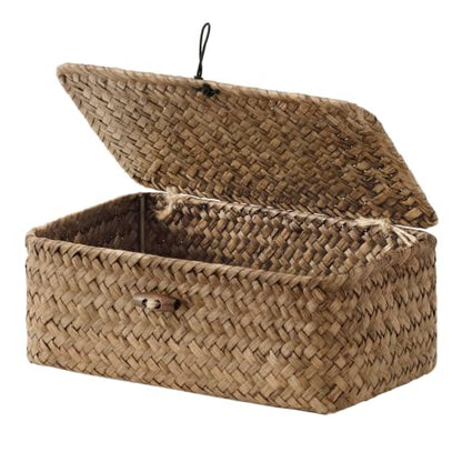 StorageWorks Wicker Basket with Lid - Brown Seagrass, 9 x 5 x 3¼ Inches