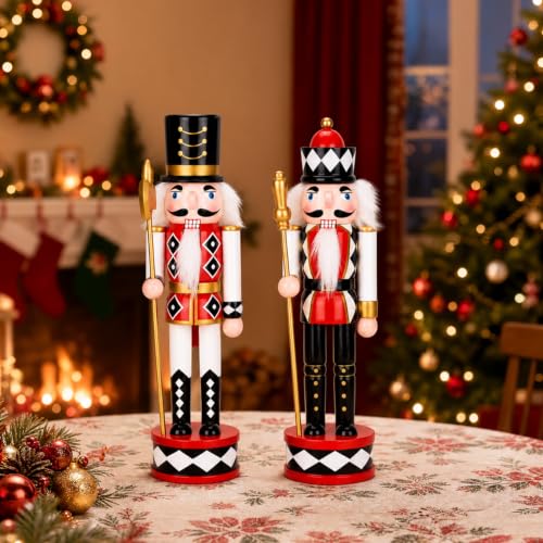 2-Piece 12-Inch Wooden Christmas Nutcracker Decor Set - Checkered Soldier Figures