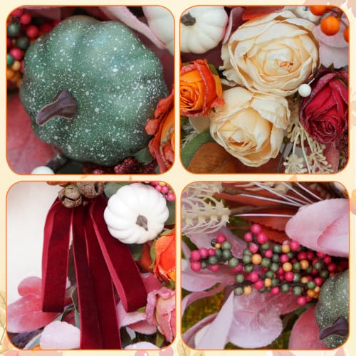 24 Inch Fall Door Wreath with Red Bow - Autumn Harvest Thanksgiving Decor