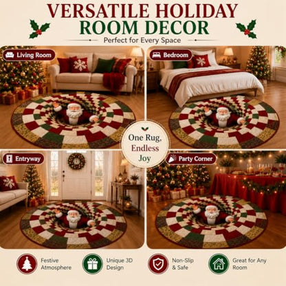 40in 3D Christmas Rug Optical Illusion Santa Gnomes Holiday Decor - J