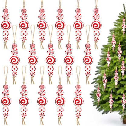 24 Christmas Candy Cane Wooden Ornaments for Holiday Decor